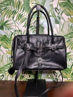 Vintage Vegan Leather Satchel Handbag - black with silver tone hardware